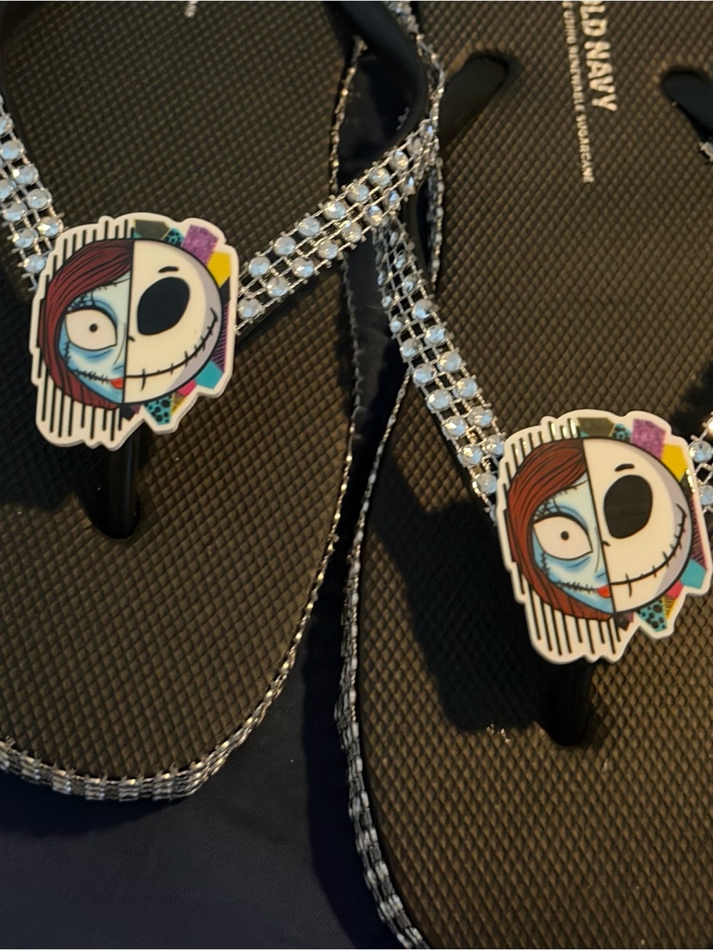Black Rhinestone Thong Sandals with Colorful Character Charm